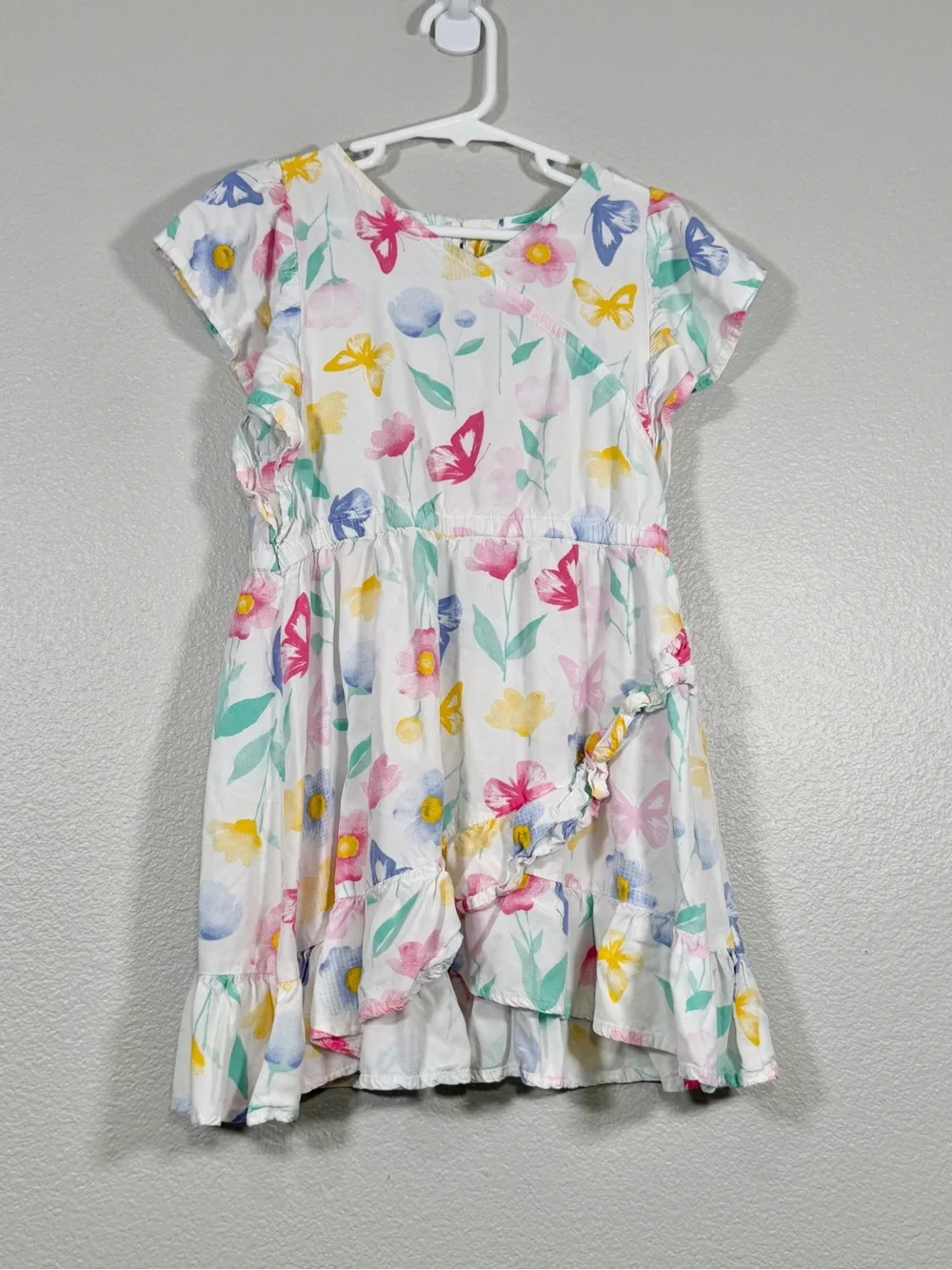 Carter's Dress White Floral Butterfly Ruffle Wrap Pink Blue Summer Girls Kid 6